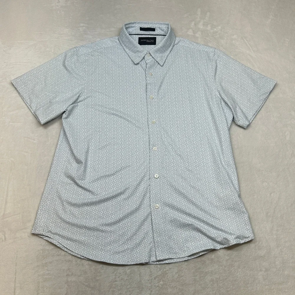 JACHS New York Shirt Mens Blue Grey Large Geometric Print Short Sleeve Button Up